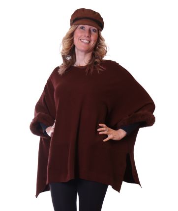 PONCHO WITH FAUX FUR CUFFS-Brown