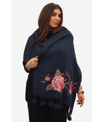EMBROIDERED POMPON SHAWL-Navy