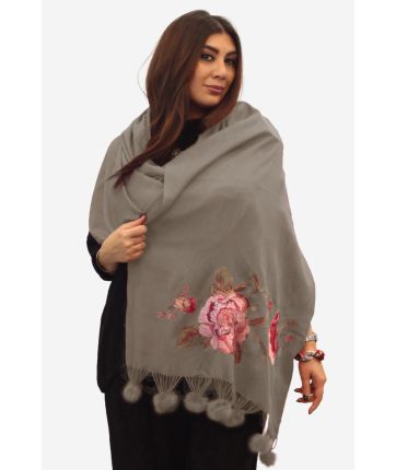 EMBROIDERED POMPON SHAWL-Taupe