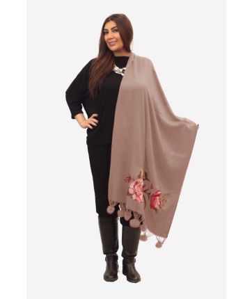 EMBROIDERED POMPON SHAWL-Lady Pink