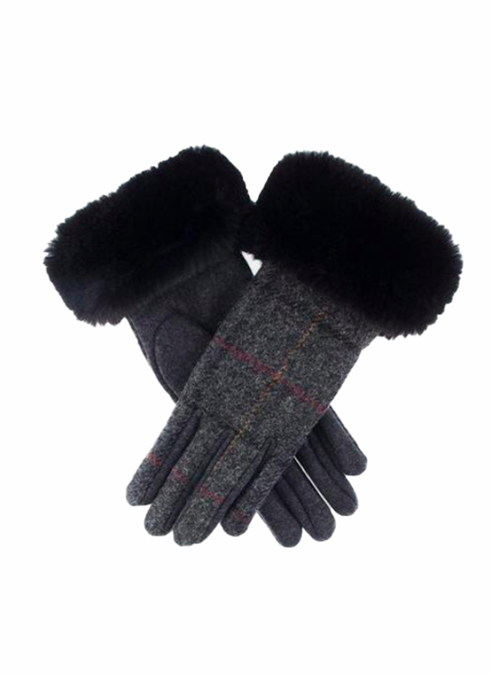 MOON TWEED GLOVES WITH FAUX FUR CUFFS